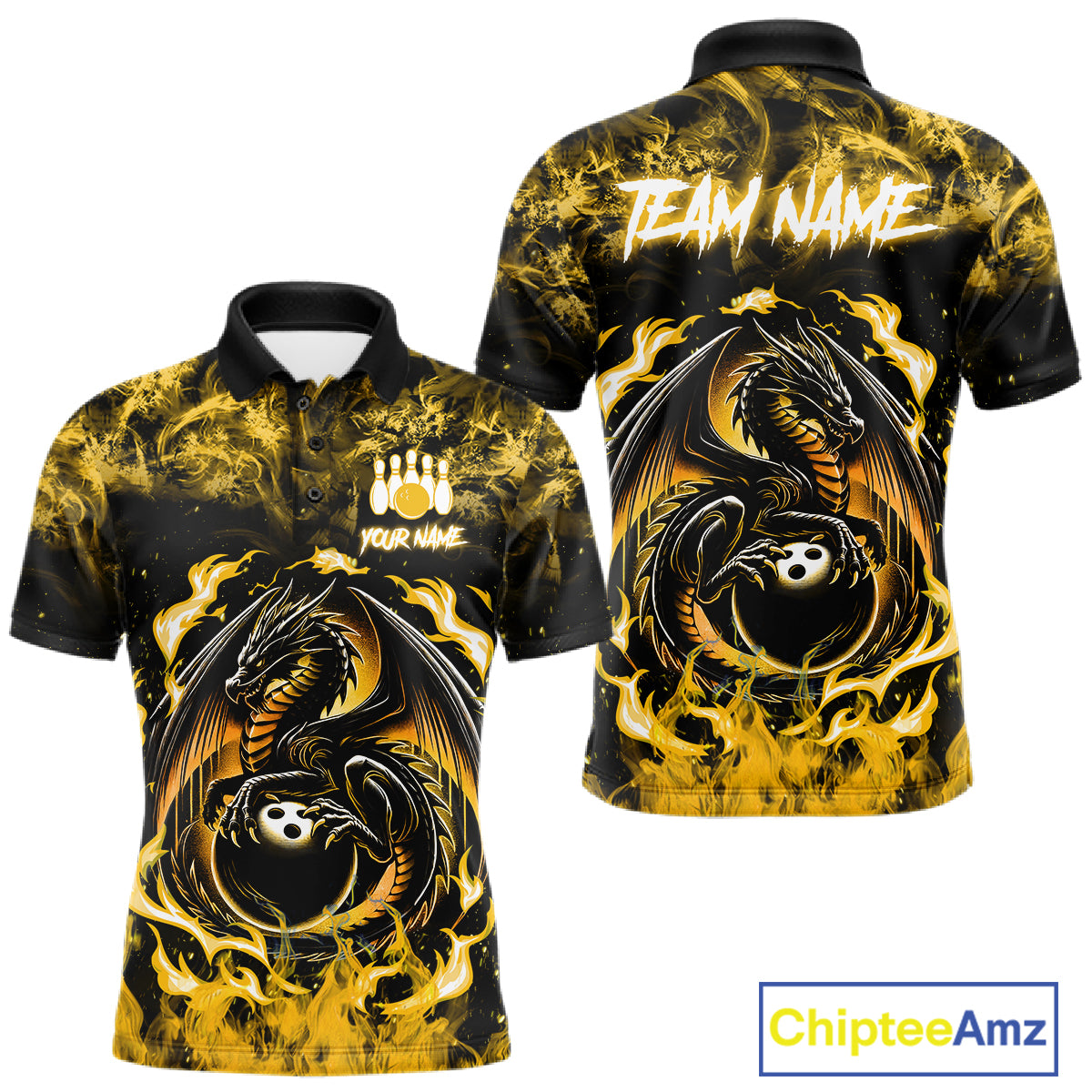 Black And Yellow Flaming Dragon Bowling Jersey For Men Custom Bowling League Team Shirts TDM7650