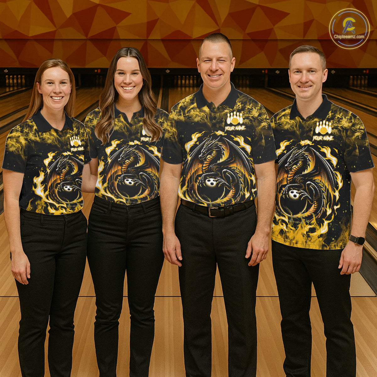 Black And Yellow Flaming Dragon Bowling Jersey For Women Custom Bowling League Team Shirts TDM7650