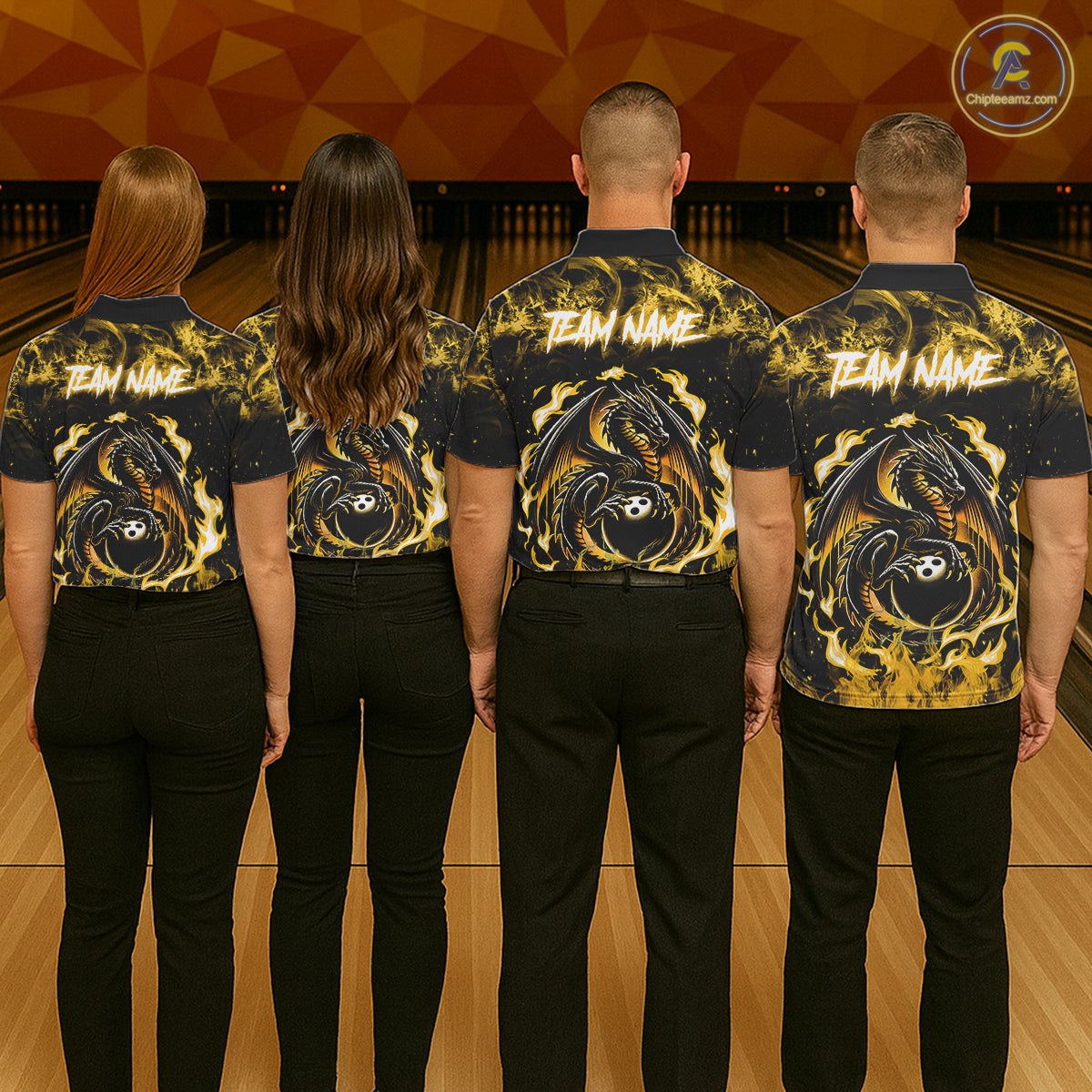 Black And Yellow Flaming Dragon Bowling Jersey For Women Custom Bowling League Team Shirts TDM7650