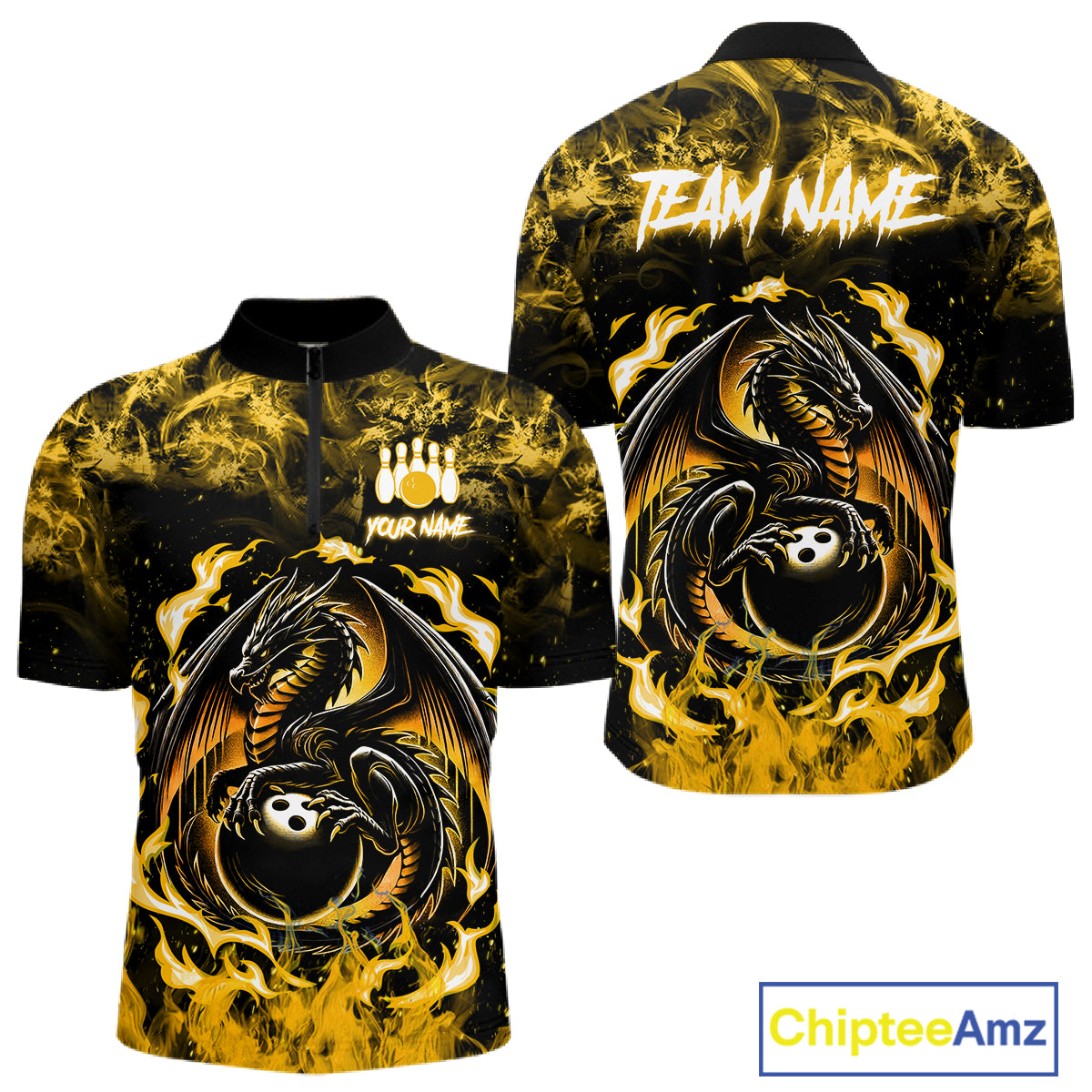 Black And Yellow Flaming Dragon Bowling Jersey For Men Custom Bowling League Team Shirts TDM7650