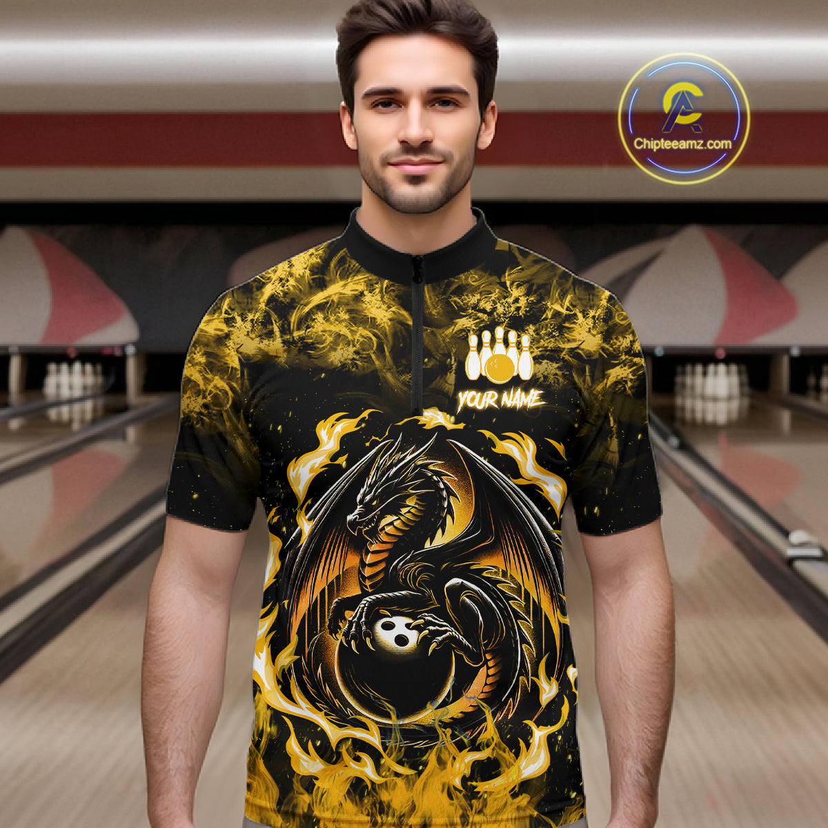 Black And Yellow Flaming Dragon Bowling Jersey For Men Custom Bowling League Team Shirts TDM7650