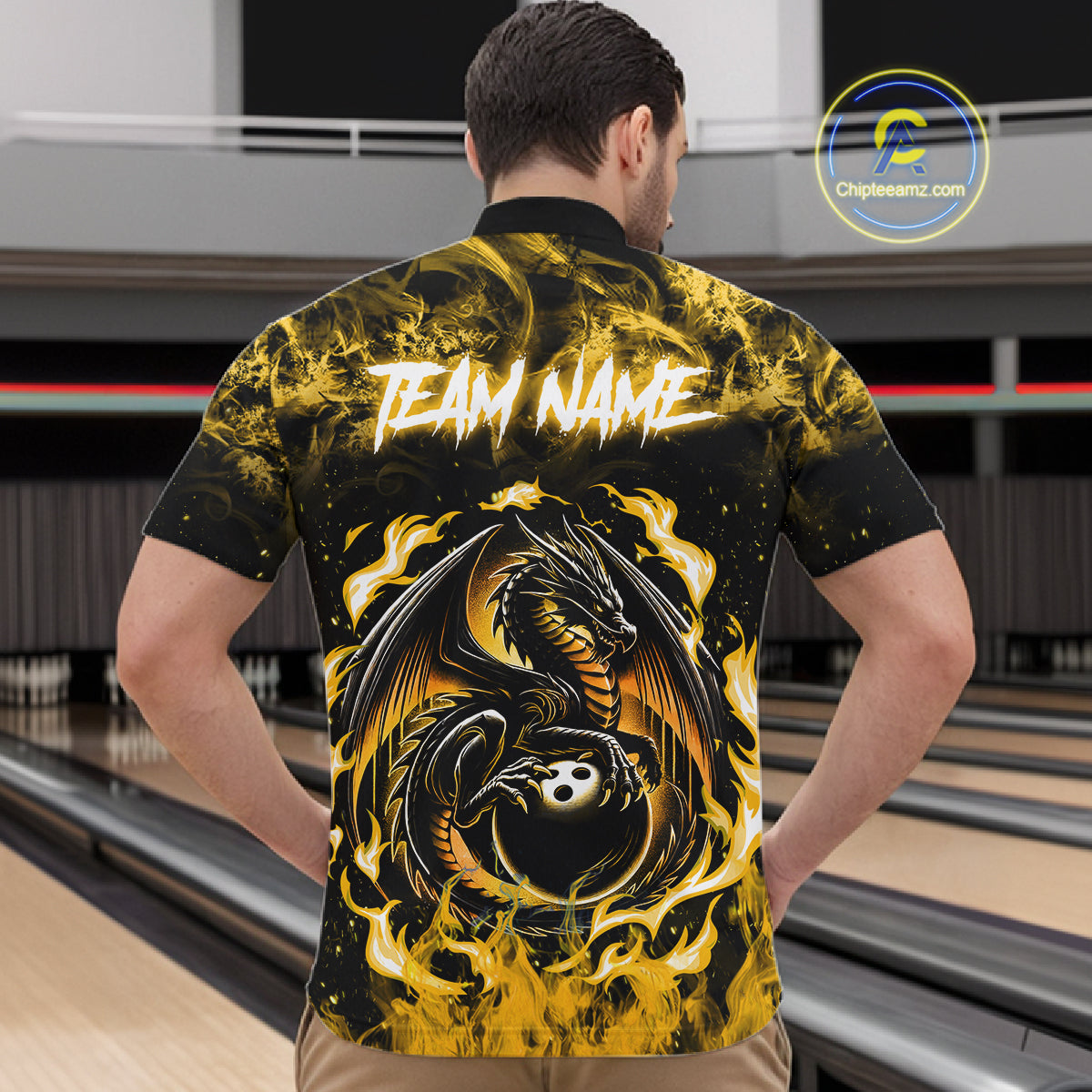 Black And Yellow Flaming Dragon Bowling Jersey For Men Custom Bowling League Team Shirts TDM7650
