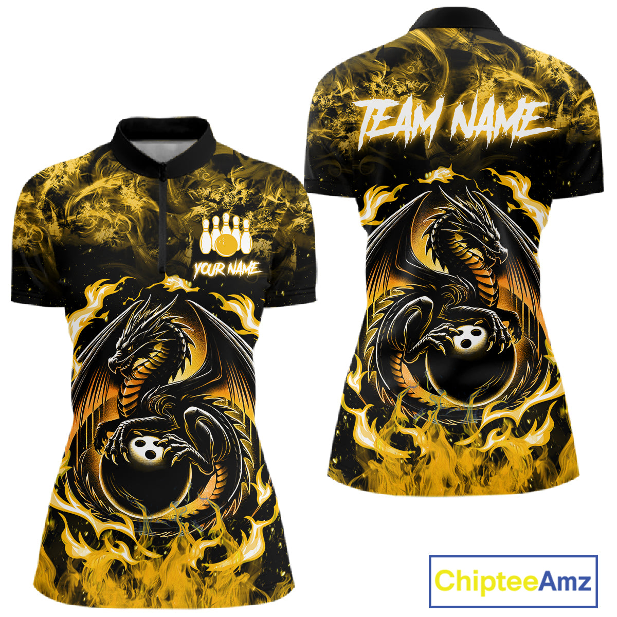 Black And Yellow Flaming Dragon Bowling Jersey For Women Custom Bowling League Team Shirts TDM7650