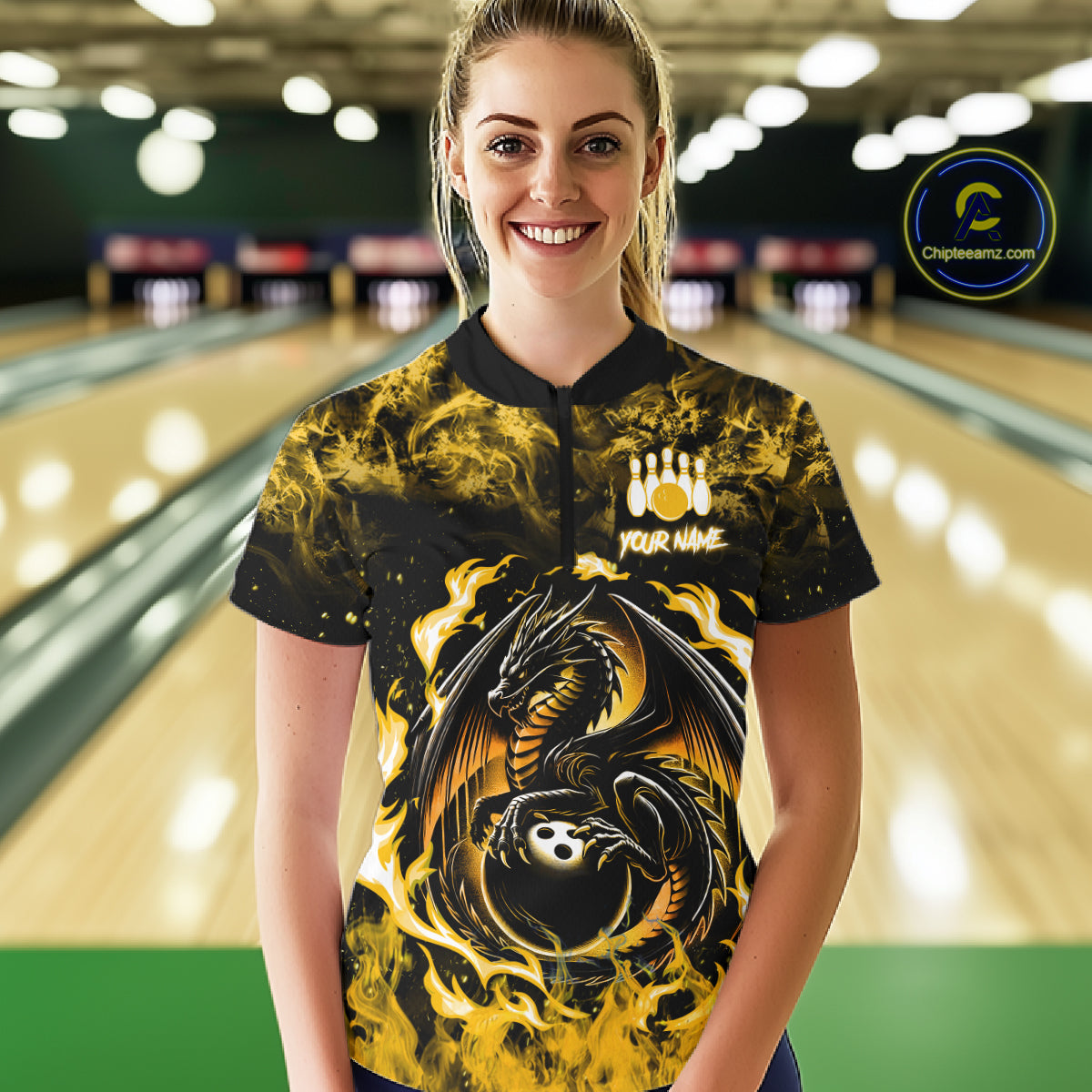 Black And Yellow Flaming Dragon Bowling Jersey For Women Custom Bowling League Team Shirts TDM7650