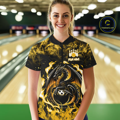 Black And Yellow Flaming Dragon Bowling Jersey For Women Custom Bowling League Team Shirts TDM7650