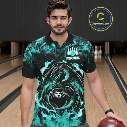 Black And Teal Flaming Dragon Bowling Jersey For Men Custom Bowling League Team Shirts TDM7651