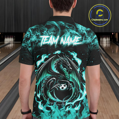 Black And Teal Flaming Dragon Bowling Jersey For Men Custom Bowling League Team Shirts TDM7651