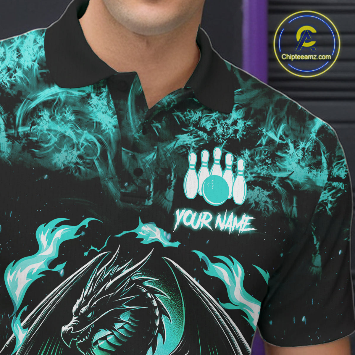 Black And Teal Flaming Dragon Bowling Jersey For Men Custom Bowling League Team Shirts TDM7651