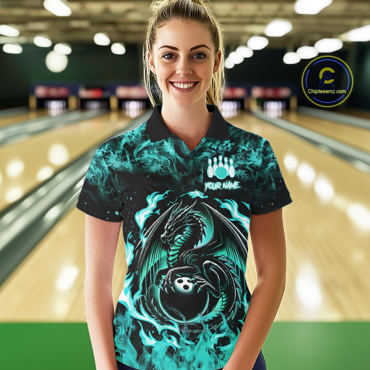 Black And Teal Flaming Dragon Bowling Jersey For Women Custom Bowling League Team Shirts TDM7651