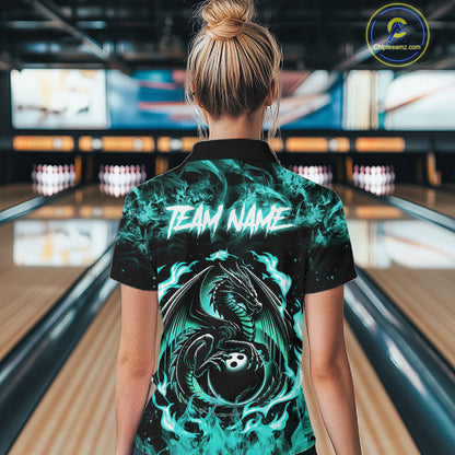 Black And Teal Flaming Dragon Bowling Jersey For Women Custom Bowling League Team Shirts TDM7651