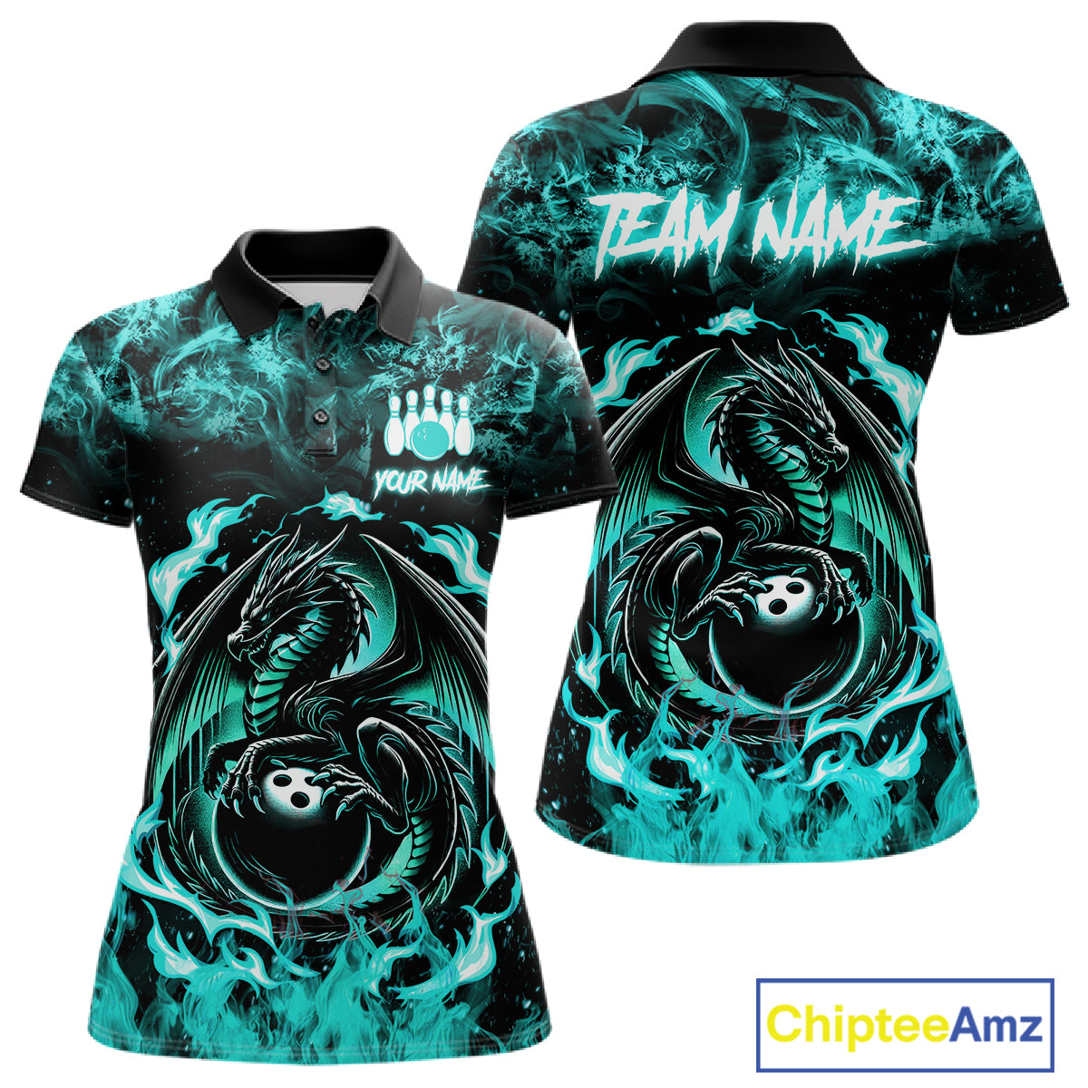Black And Teal Flaming Dragon Bowling Jersey For Women Custom Bowling League Team Shirts TDM7651