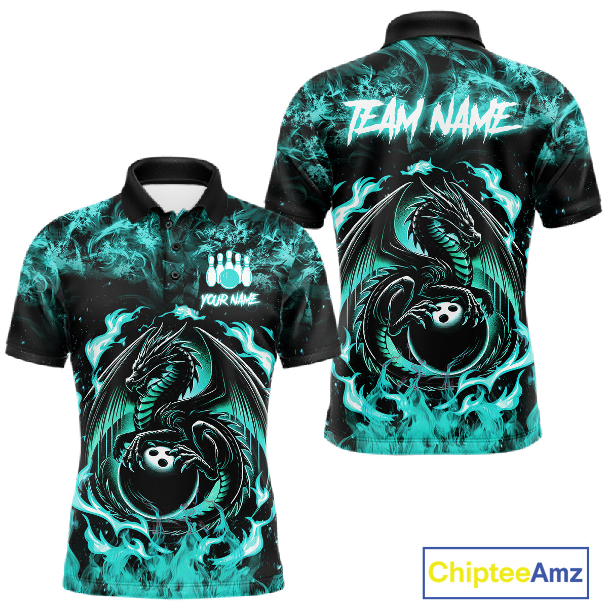 Black And Teal Flaming Dragon Bowling Jersey For Men Custom Bowling League Team Shirts TDM7651