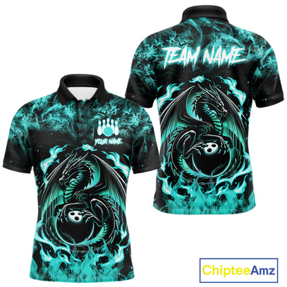 Black And Teal Flaming Dragon Bowling Jersey For Men Custom Bowling League Team Shirts TDM7651