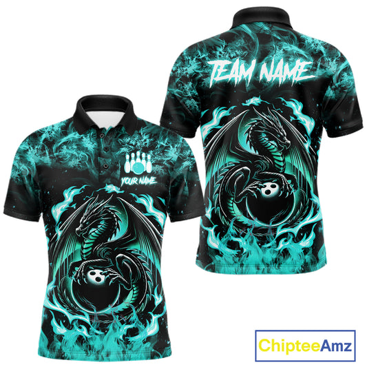 Black And Teal Flaming Dragon Bowling Jersey For Men Custom Bowling League Team Shirts TDM7651