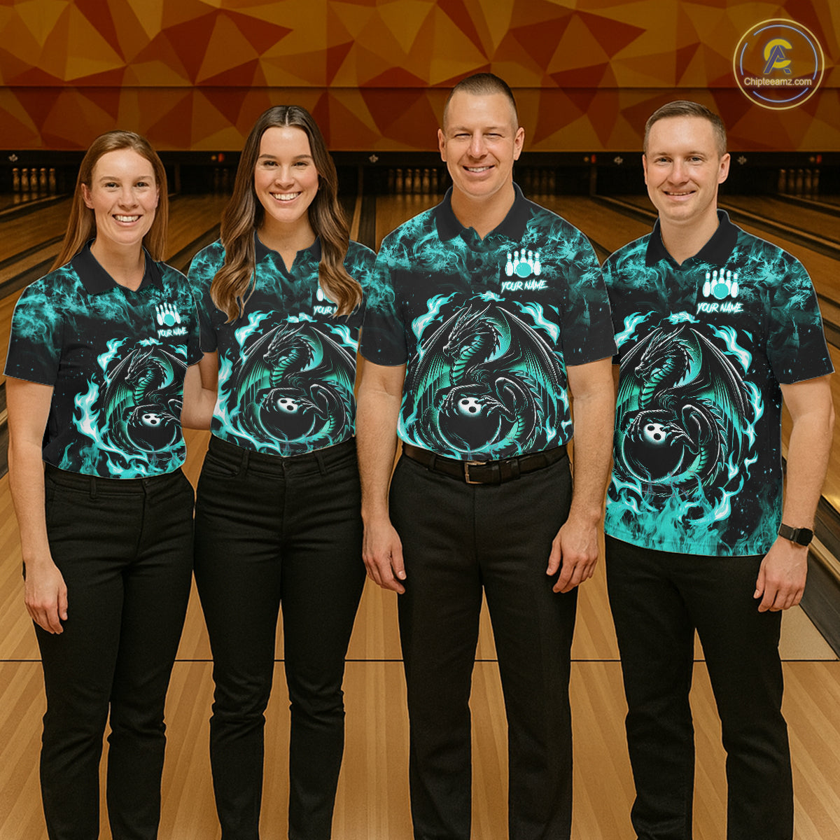 Black And Teal Flaming Dragon Bowling Jersey For Men Custom Bowling League Team Shirts TDM7651