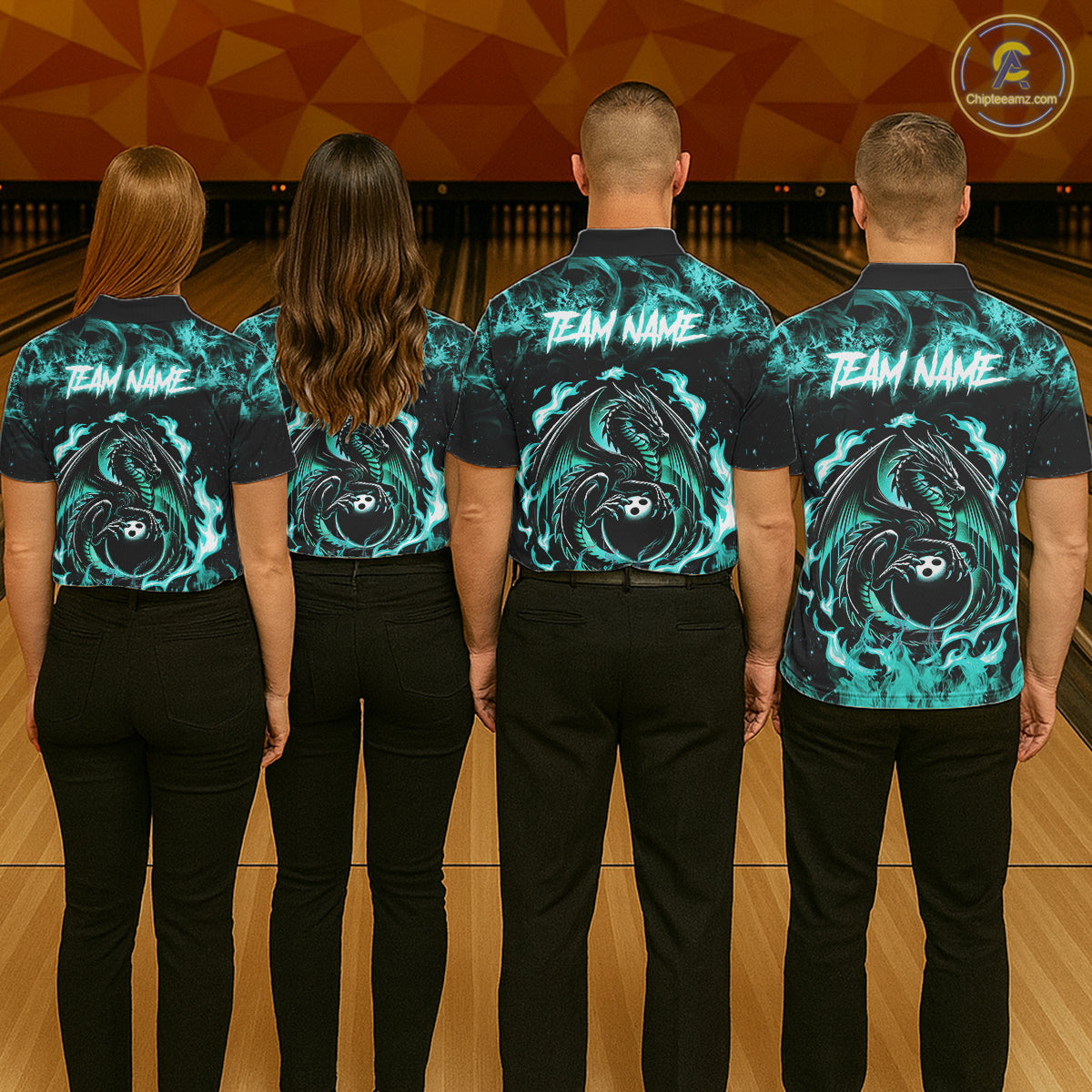 Black And Teal Flaming Dragon Bowling Jersey For Men Custom Bowling League Team Shirts TDM7651