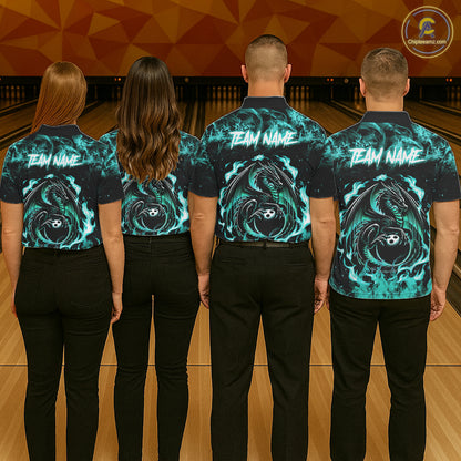 Black And Teal Flaming Dragon Bowling Jersey For Men Custom Bowling League Team Shirts TDM7651