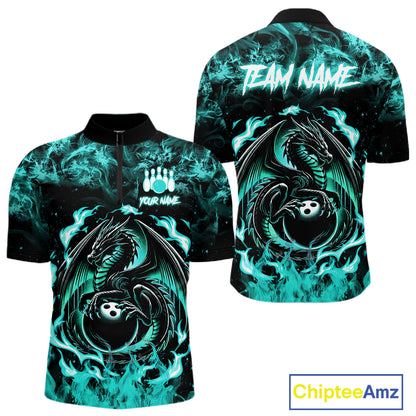 Black And Teal Flaming Dragon Bowling Jersey For Men Custom Bowling League Team Shirts TDM7651