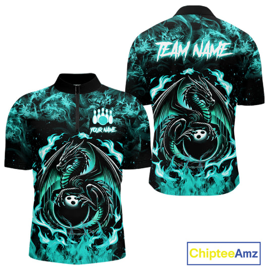 Black And Teal Flaming Dragon Bowling Jersey For Men Custom Bowling League Team Shirts TDM7651