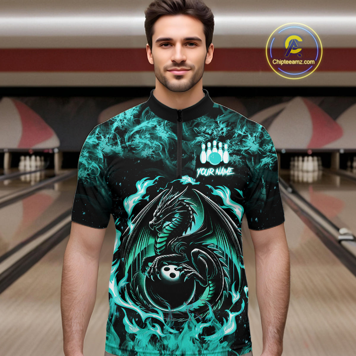Black And Teal Flaming Dragon Bowling Jersey For Men Custom Bowling League Team Shirts TDM7651