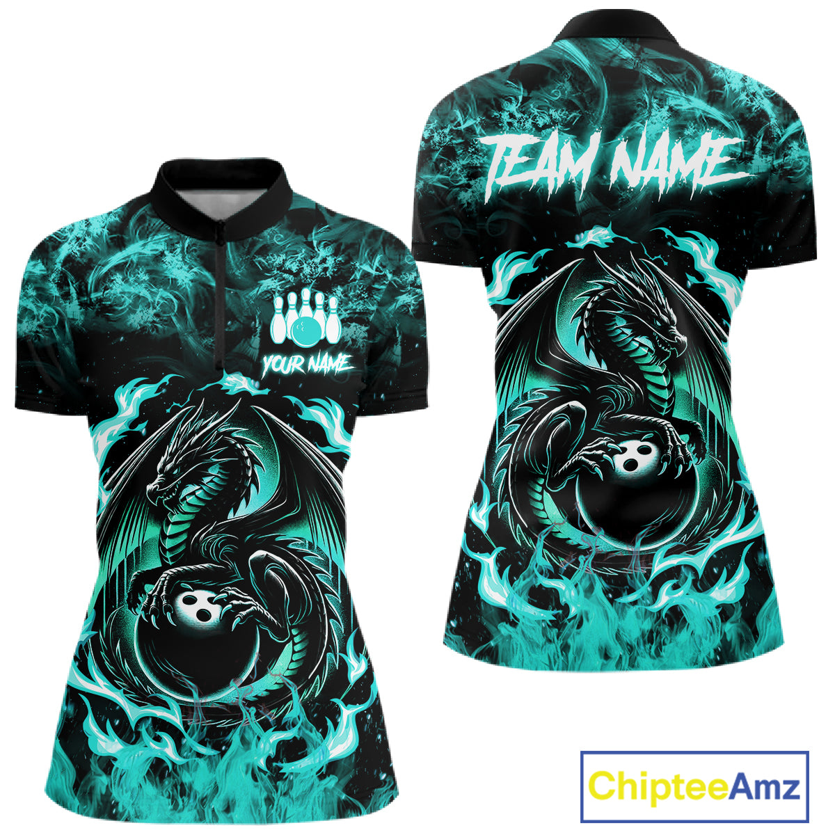 Black And Teal Flaming Dragon Bowling Jersey For Women Custom Bowling League Team Shirts TDM7651