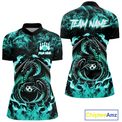 Black And Teal Flaming Dragon Bowling Jersey For Women Custom Bowling League Team Shirts TDM7651