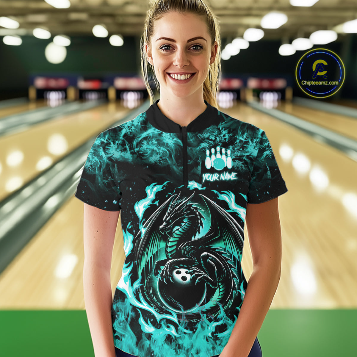 Black And Teal Flaming Dragon Bowling Jersey For Women Custom Bowling League Team Shirts TDM7651