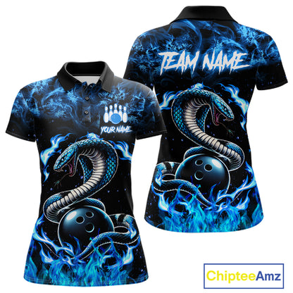 Black And Blue Flaming Cobra Snake Bowling Jersey For Women Custom Bowling League Team Shirts TDM7652