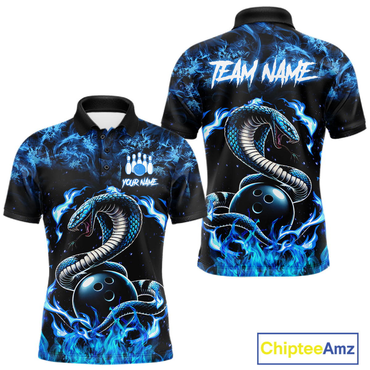 Black And Blue Flaming Cobra Snake Bowling Jersey For Men Custom Bowling League Team Shirts TDM7652