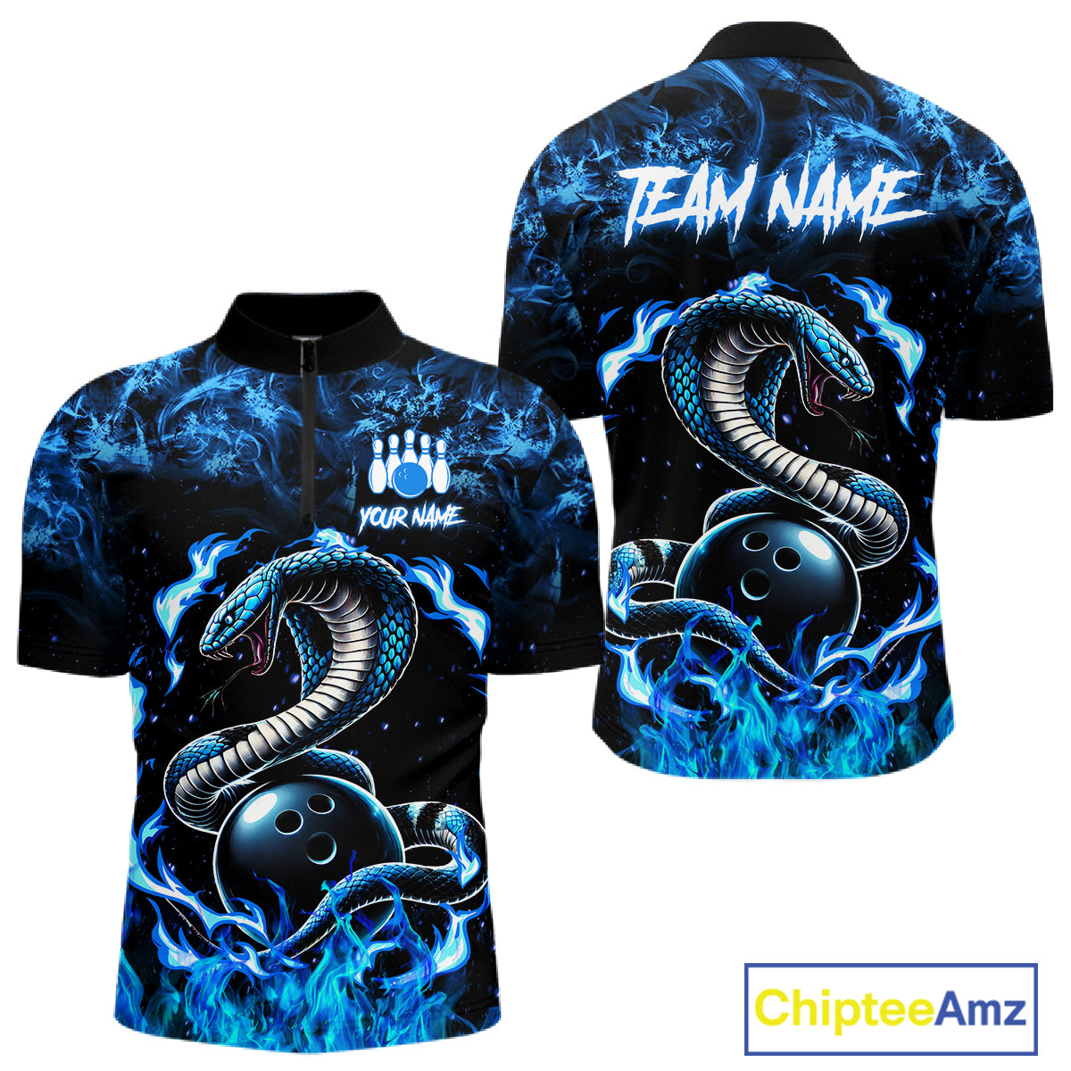 Black And Blue Flaming Cobra Snake Bowling Jersey For Men Custom Bowling League Team Shirts TDM7652