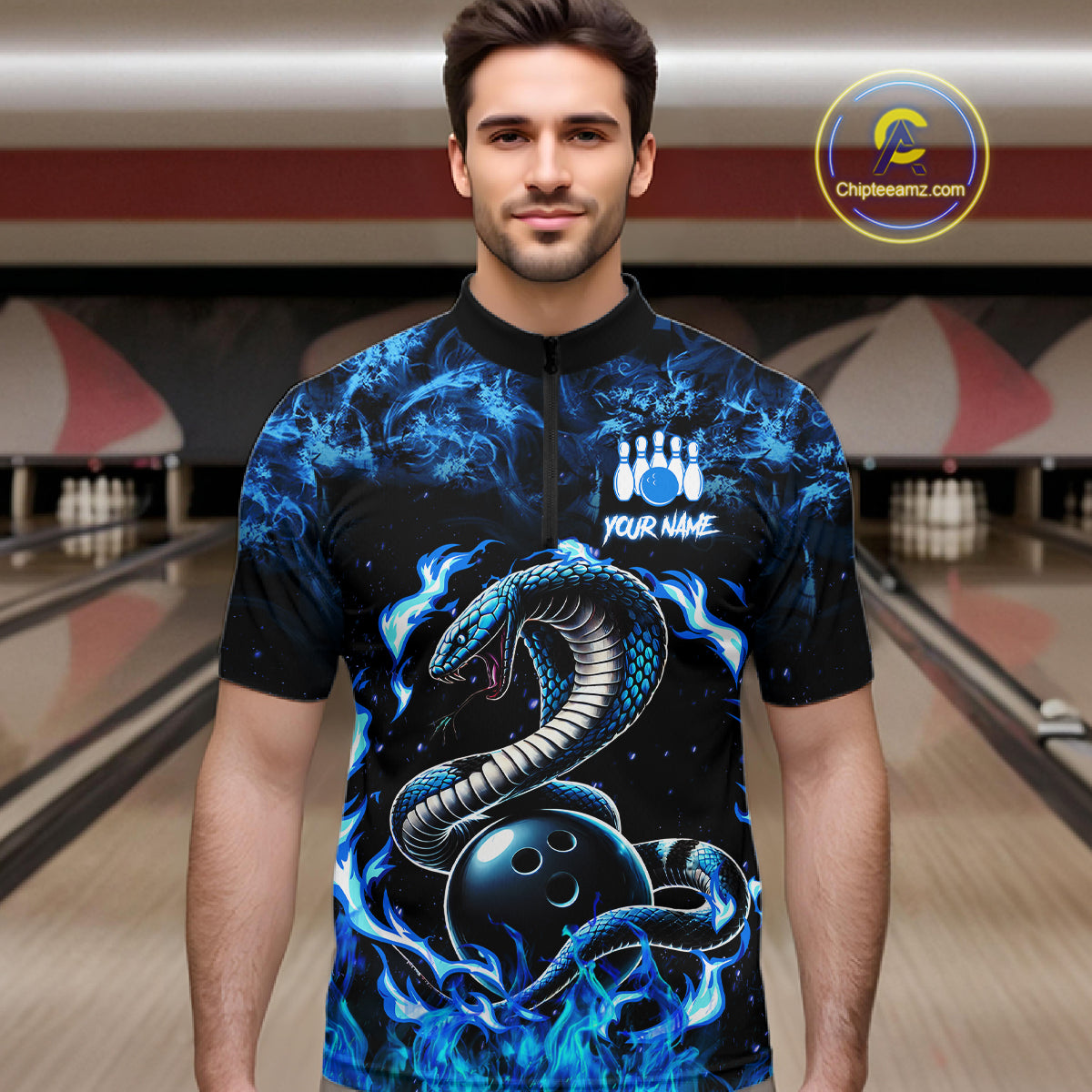 Black And Blue Flaming Cobra Snake Bowling Jersey For Men Custom Bowling League Team Shirts TDM7652