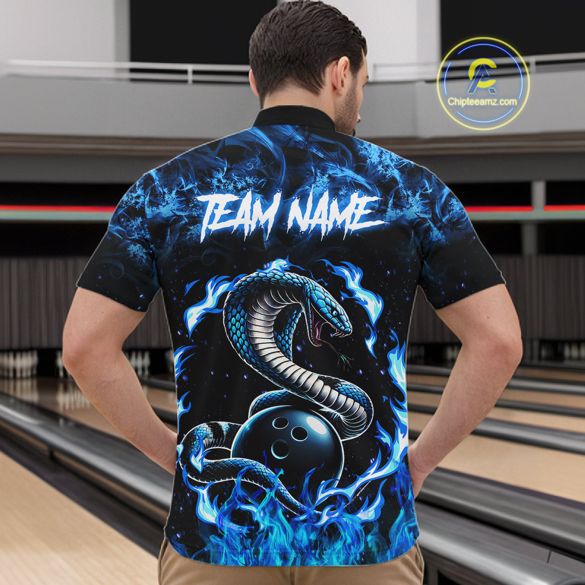 Black And Blue Flaming Cobra Snake Bowling Jersey For Men Custom Bowling League Team Shirts TDM7652