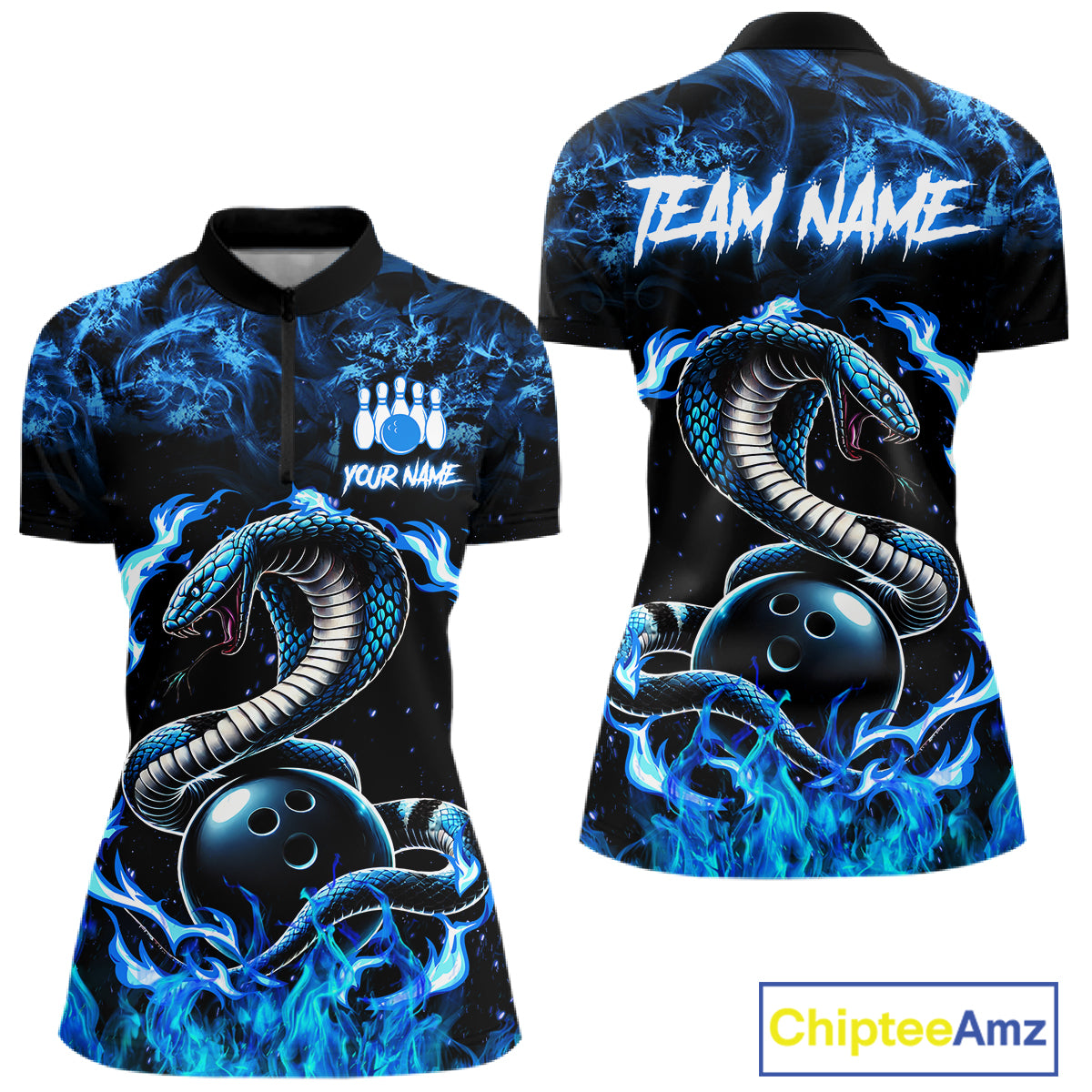 Black And Blue Flaming Cobra Snake Bowling Jersey For Women Custom Bowling League Team Shirts TDM7652