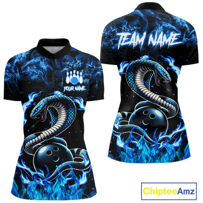 Black And Blue Flaming Cobra Snake Bowling Jersey For Women Custom Bowling League Team Shirts TDM7652