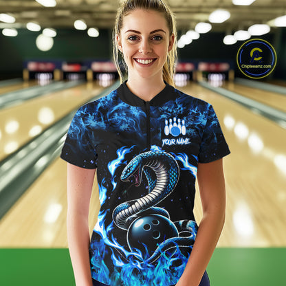 Black And Blue Flaming Cobra Snake Bowling Jersey For Women Custom Bowling League Team Shirts TDM7652