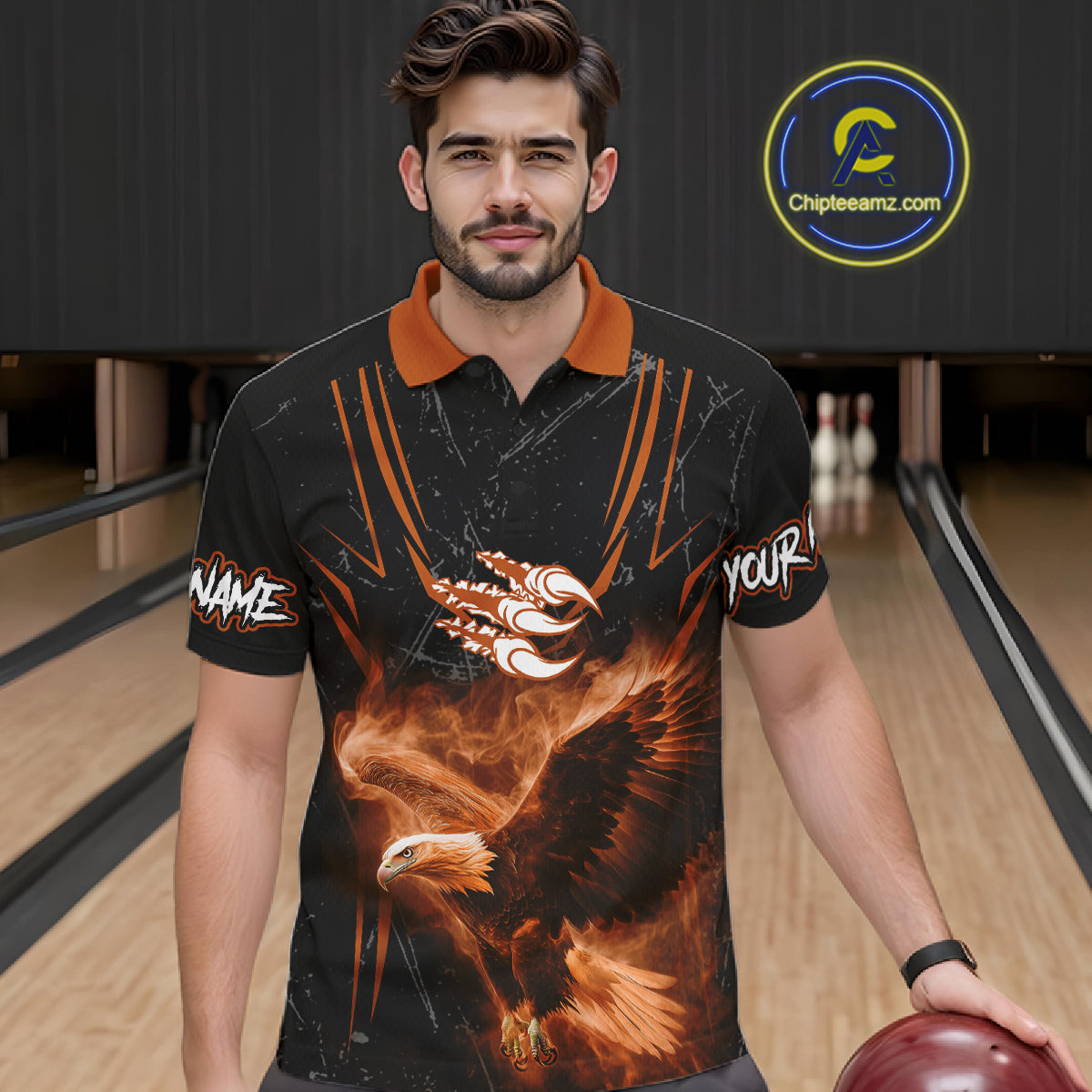 Personalized Black And Orange Flame Eagle Bowling Shirt For Men Custom Bowling League Team Jersey TDM7657