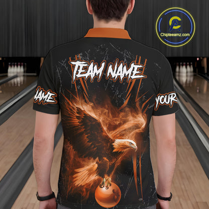 Personalized Black And Orange Flame Eagle Bowling Shirt For Men Custom Bowling League Team Jersey TDM7657