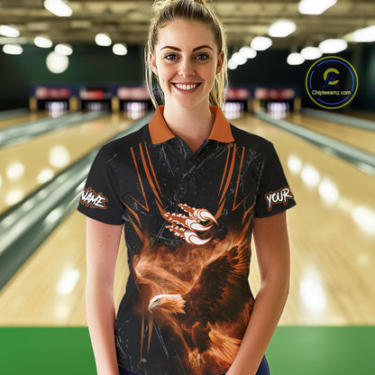 Personalized Black And Orange Flame Eagle Bowling Shirt For Women Custom Bowling League Team Jersey TDM7657