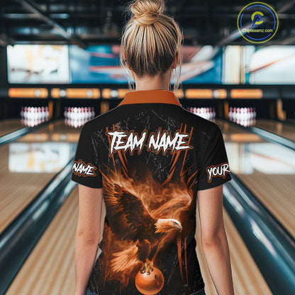Personalized Black And Orange Flame Eagle Bowling Shirt For Women Custom Bowling League Team Jersey TDM7657