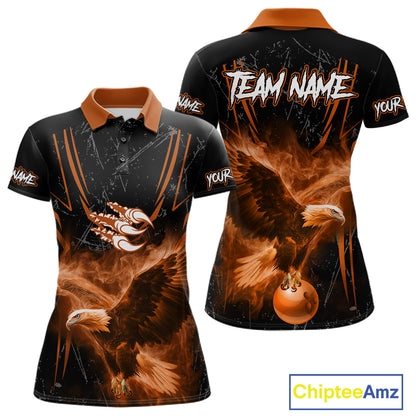 Personalized Black And Orange Flame Eagle Bowling Shirt For Women Custom Bowling League Team Jersey TDM7657