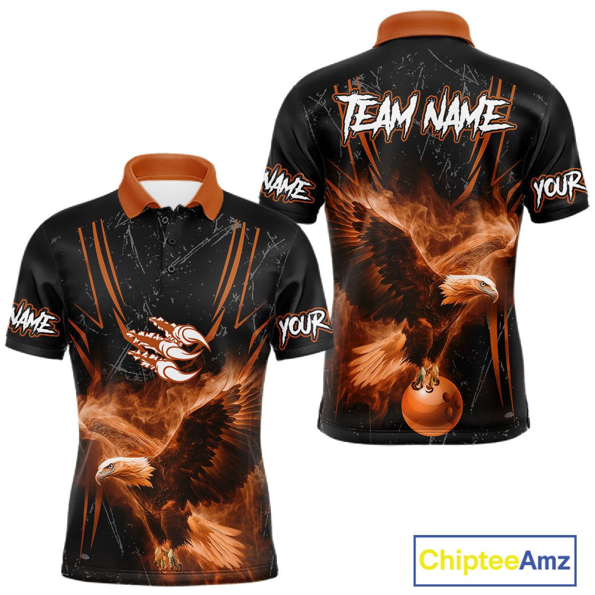 Personalized Black And Orange Flame Eagle Bowling Shirt For Men Custom Bowling League Team Jersey TDM7657