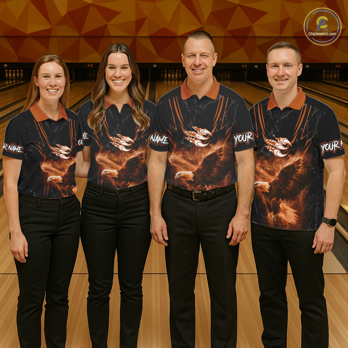 Personalized Black And Orange Flame Eagle Bowling Shirt For Men Custom Bowling League Team Jersey TDM7657