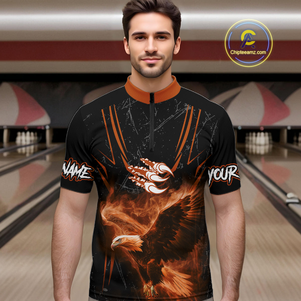 Personalized Black And Orange Flame Eagle Bowling Shirt For Men Custom Bowling League Team Jersey TDM7657