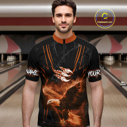 Personalized Black And Orange Flame Eagle Bowling Shirt For Men Custom Bowling League Team Jersey TDM7657