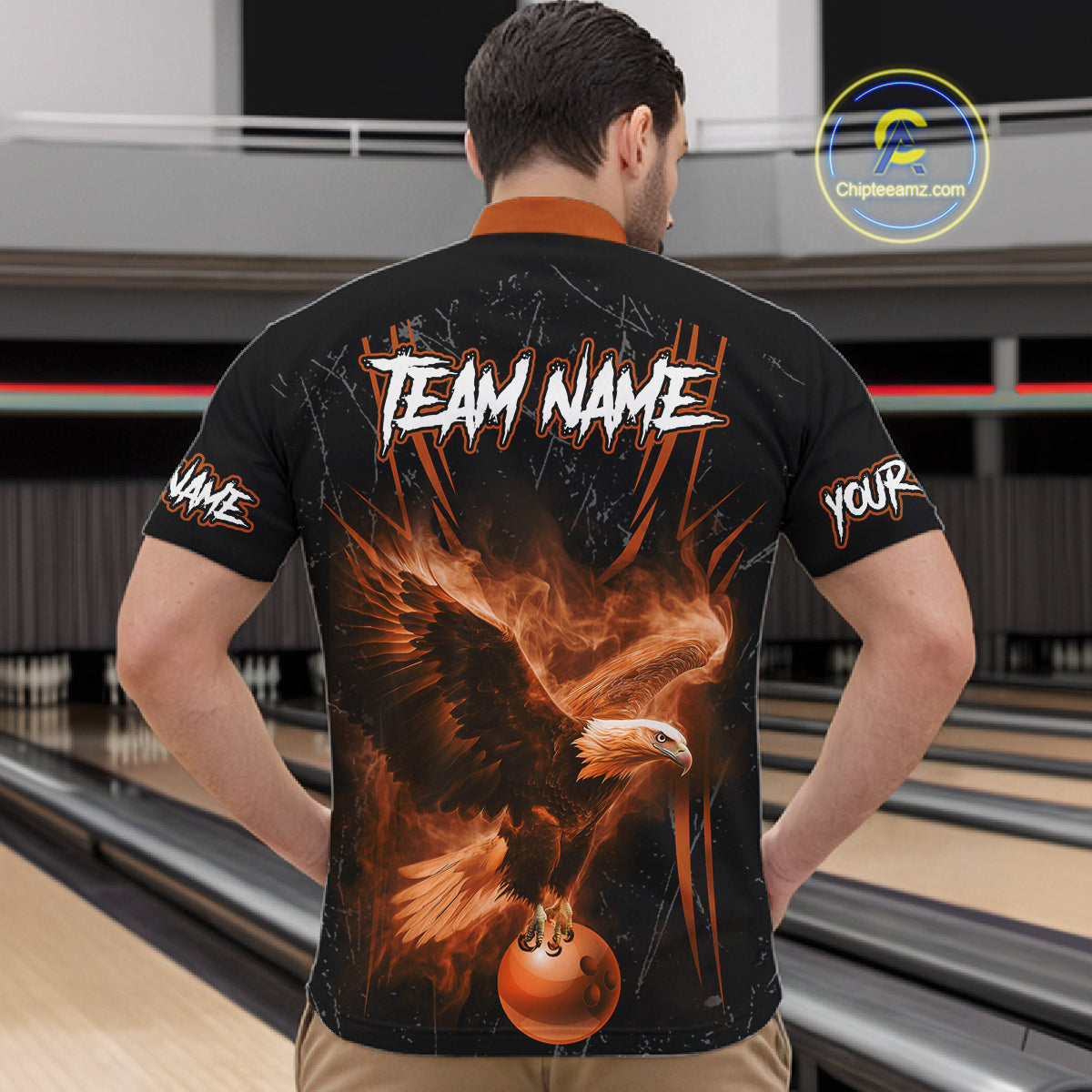 Personalized Black And Orange Flame Eagle Bowling Shirt For Men Custom Bowling League Team Jersey TDM7657