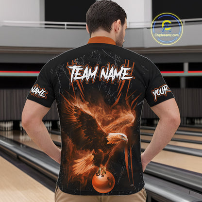 Personalized Black And Orange Flame Eagle Bowling Shirt For Men Custom Bowling League Team Jersey TDM7657