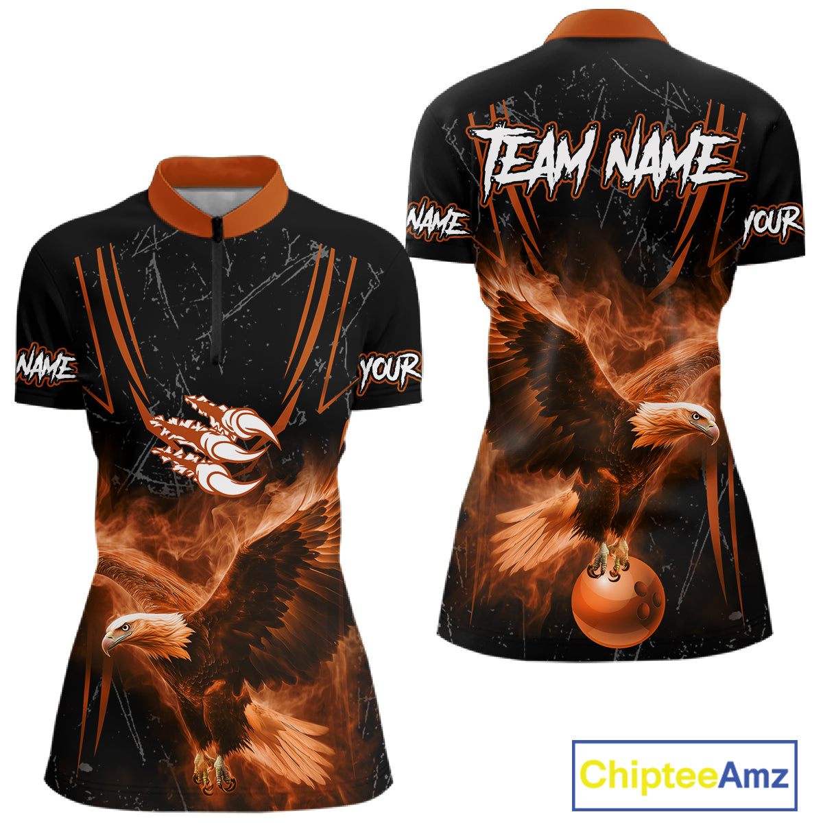Personalized Black And Orange Flame Eagle Bowling Shirt For Women Custom Bowling League Team Jersey TDM7657