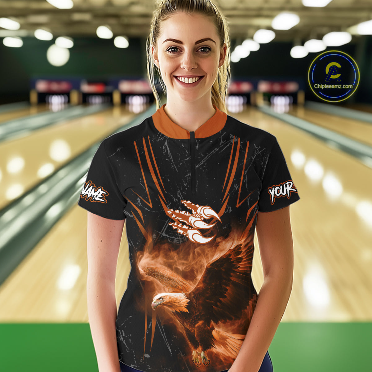 Personalized Black And Orange Flame Eagle Bowling Shirt For Women Custom Bowling League Team Jersey TDM7657