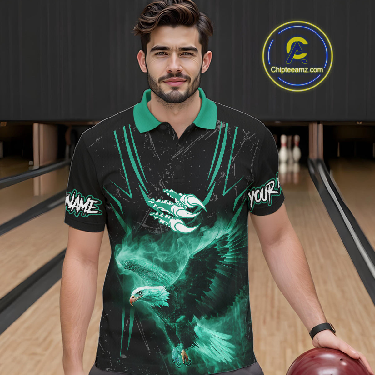 Personalized Black And Teal Flame Eagle Bowling Shirt For Men Custom Bowling League Team Jersey TDM7658