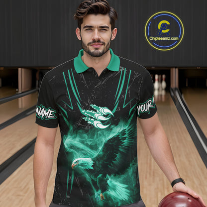 Personalized Black And Teal Flame Eagle Bowling Shirt For Men Custom Bowling League Team Jersey TDM7658